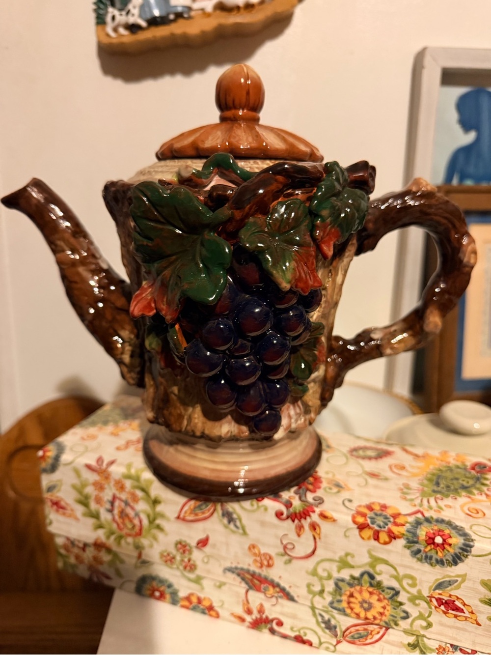 Grape Motif Ceramic Teapot in Brown, Green & Purple